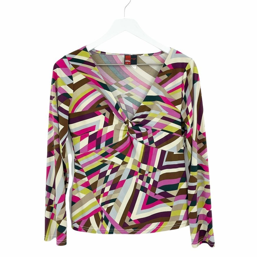 Vintage Y2K Retro Colorful Geometric V Neck Blouse SZ L